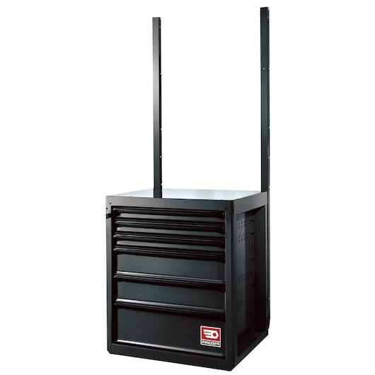 Facom RWS-TUBESBS black metal storage cabinet with five drawers, two vertical support bars, photographed on white background.