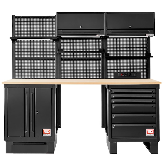 Facom RWS2-11BS workstation with black metal cabinets, pegboard back panels, and wood top, front angle.