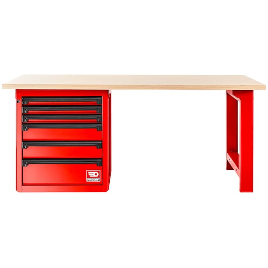 Facom RWS2-2MW6D red workbench with six drawers, wooden top, front angle, photography.