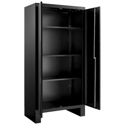 Facom RWS2-A1000PPBS black metal storage cabinet with four shelves, doors open, angled view.