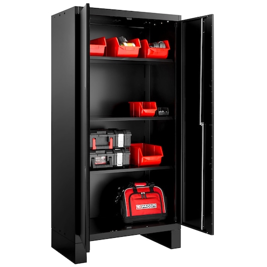 Facom RWS2-A1000PPBS black storage cabinet with red bins, toolboxes, and a red Facom bag, front angle.