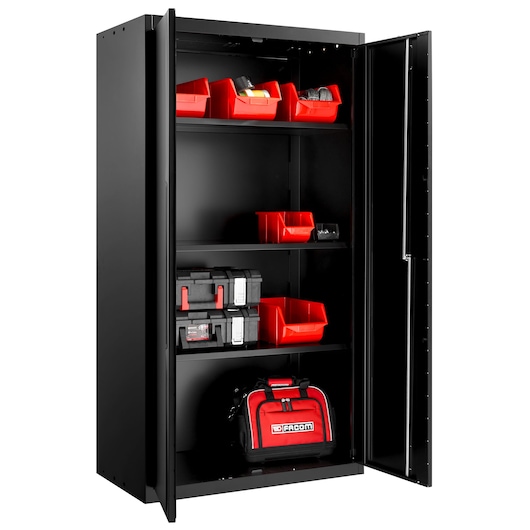 Facom RWS2-A1000PPBS storage cabinet with open doors, showing red bins, toolboxes, and a Facom tool bag.