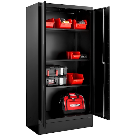 Facom RWS2-A1000PPBS black metal storage cabinet with open doors, red bins, and tool bag on shelves, front angle.