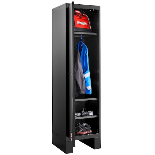 Facom RWS2-A500PPBS photography of black storage locker with shelves, hanging jacket, red tool bag, shoes.