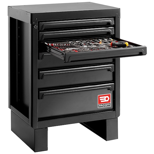 Facom black tool chest RWS2-BASEMBS front angle with one drawer open showing assorted hand tools.