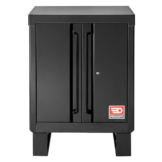 Facom RWS2-BASEMBS black metal tool cabinet, front angle, two doors, Facom logo visible.