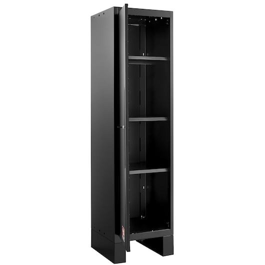 Facom tall black metal storage cabinet with open door and adjustable shelves, front angle, RWS2-BASEMBS.