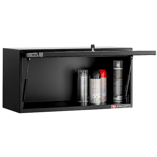 Facom RWS2-CHSPPBS black wall cabinet with lift-up door, containing four spray cans, front angle on white background.
