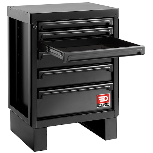 Facom RWS2-MBS6TBS black metal tool cabinet with four drawers, one drawer open, front angle on white.