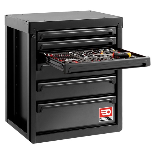 Facom black tool chest with open drawer showing assorted tools, front angle, RWS2-MBS6TBS.