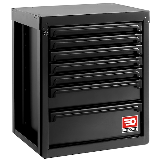 Facom black metal tool cabinet RWS2-MBS7TBS with seven drawers, angled front view, white background.