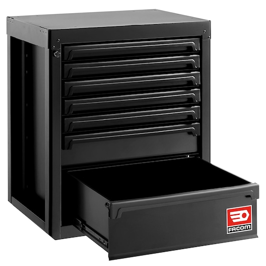 Facom black tool chest RWS2-MBS7TBS with seven drawers, front angle, lower drawer open, white background.