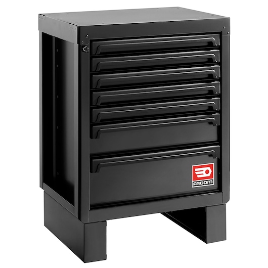 Photo of Facom RWS2-MBS7TBS black metal tool cabinet with seven drawers, front angle, on white background.