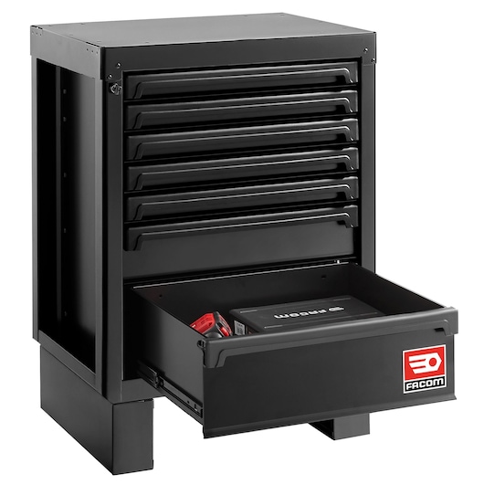 Facom black tool storage cabinet SKU RWS2-MBS7TBS with seven drawers, angled front view, open bottom drawer.