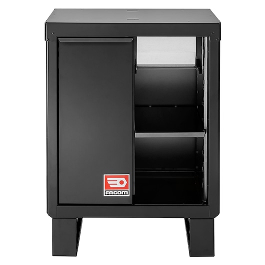 Facom black metal storage cabinet RWS2-MBSERBS front view with sliding door and shelves.