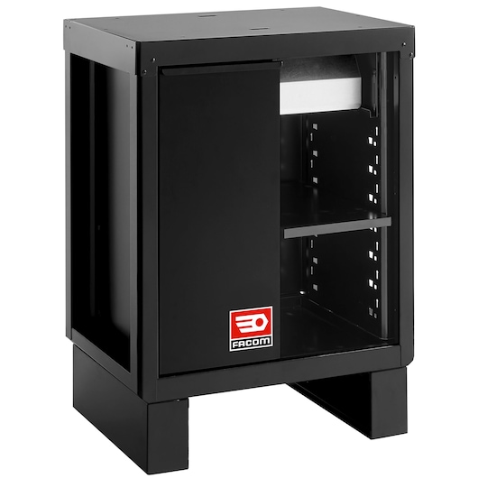 Facom black metal storage cabinet with single sliding door, adjustable shelf, RWS2-MBSERBS, front angle on white.