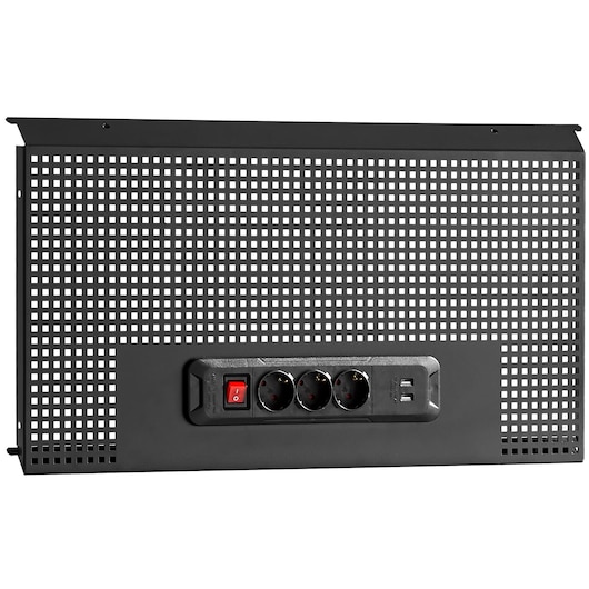 Photo of Facom RWS2-PPAV1USBBS black perforated panel with three power outlets, USB ports, and red switch, front angle.
