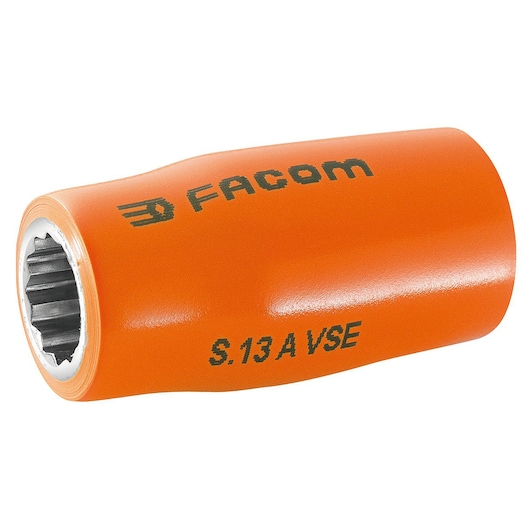 Photo of Facom insulated socket S_10AVSE, orange tool with black text, white background, product photography.
