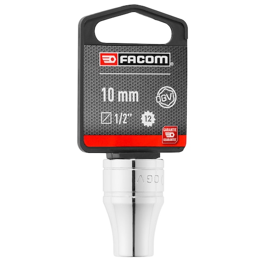 Photo of Facom SOCKET__1/2_12PT_10MM, 10 mm 12-point socket with chrome finish, front view on white background.