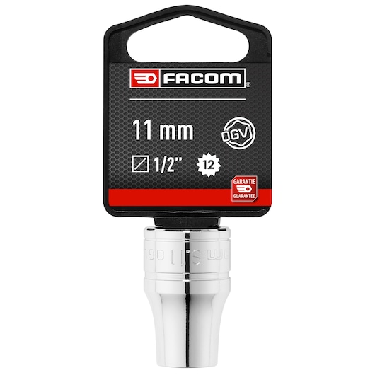 Facom 11 mm chrome socket, 1/2 inch drive, 12-point, front view with packaging, S_11PB.