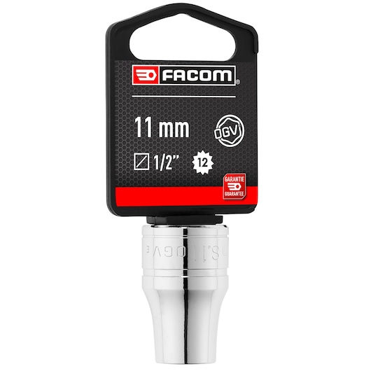 Facom 11 mm chrome socket, 1/2 inch drive, OGV profile, SKU S_11PB, product on white background, front view.