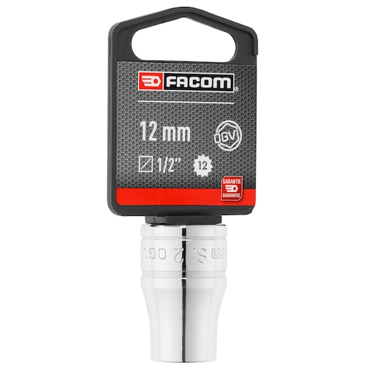 Facom 12 mm 1/2 inch 12-point socket, chrome finish, product front view, SOCKET_1/2_12PT__12MM.