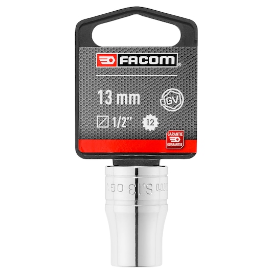 Facom 13 mm socket, chrome finish, 1/2 inch drive, SKU S_13PB, front view on white background.