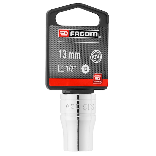 Photo of Facom 13 mm socket S_13PB, chrome finish, square drive, front view on white background.