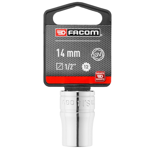 Facom 14 mm 1/2 inch socket, chrome finish, with branded display tag, front view, S_14PB.