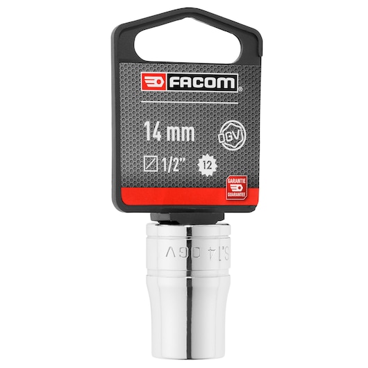 Facom S_14PB 14 mm chrome socket with retail packaging, front view on white background.