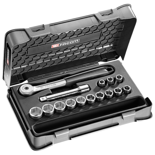 Facom S_151-1P6 socket wrench set with ratchet, extensions, and multiple sockets in black hard case, angled view.