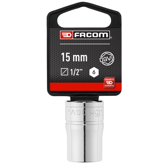 Facom 15mm 1/2 inch 6-point socket, chrome finish, front view, SOCKET_1/2_6PT_15MM.