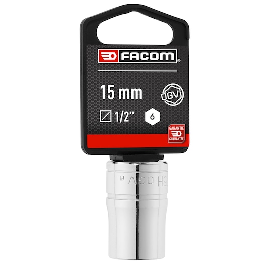 Facom S_15HPB 15mm 1/2 inch drive socket, chrome finish, hex pattern, product shown on white background, front view.