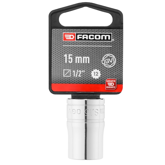 Facom 15 mm socket, chrome finish, 1/2 inch drive, SKU S_15PB, product photo on white background.