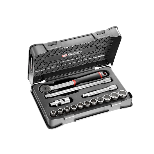 Facom S_161-1P12U socket and ratchet set in black plastic case, shown open with 12 sockets and accessories, angled view.