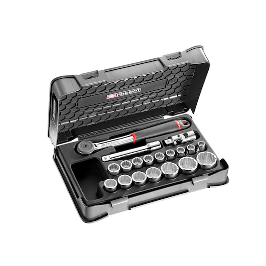 Facom socket wrench set S_161-2P12 in black hard case, top view on white background showing ratchet, sockets, and accessories.