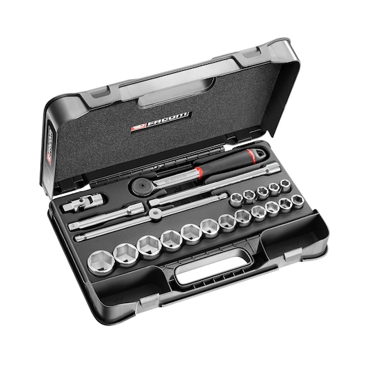 Facom S_161-2P6U socket wrench set in black plastic case, top front angle, multiple sizes organized.