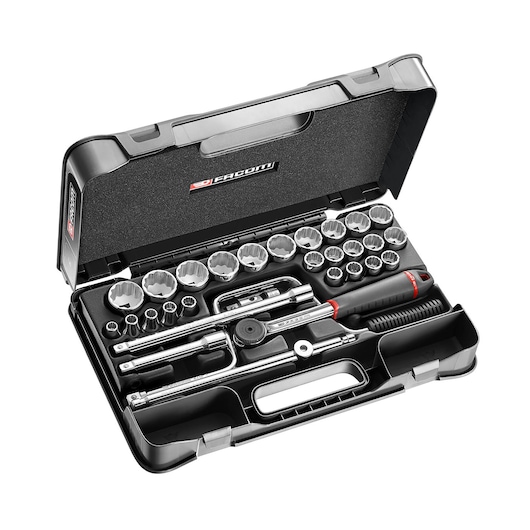 Facom S_161-5P12 socket wrench set with multiple sockets and tools in black hard case, front angle.