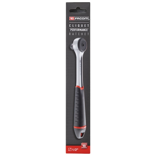 Facom S.161BPB ratchet with black and red ergonomic handle in retail packaging, front angle, on white background.