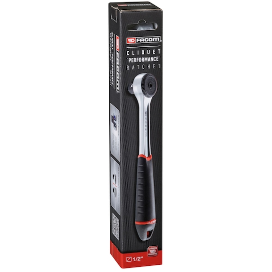 Facom S.161BPB ratchet in black box packaging with red accents, product image and 1/2'' marking, angled view.