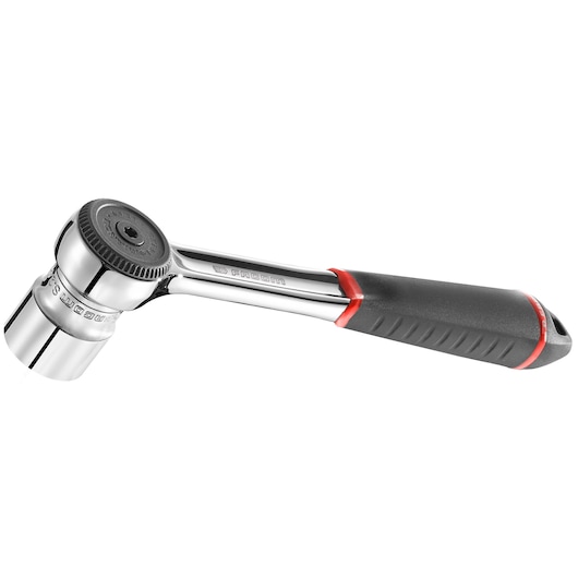 Facom S_161B ratchet wrench with black and red handle and chrome socket, side angle on white background.