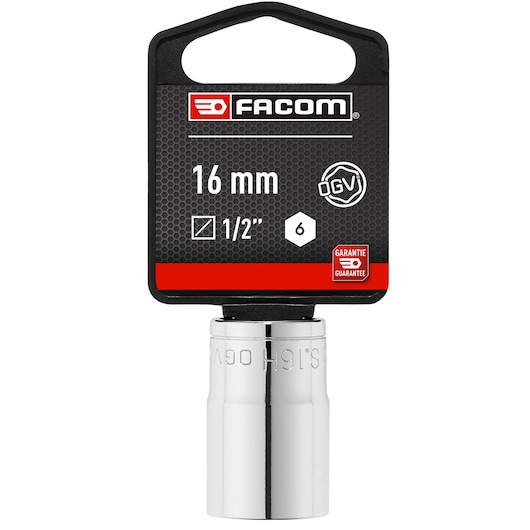 Facom 16 mm socket, chrome finish, 1/2 inch drive, SKU S_16HPB, product photo on white background.