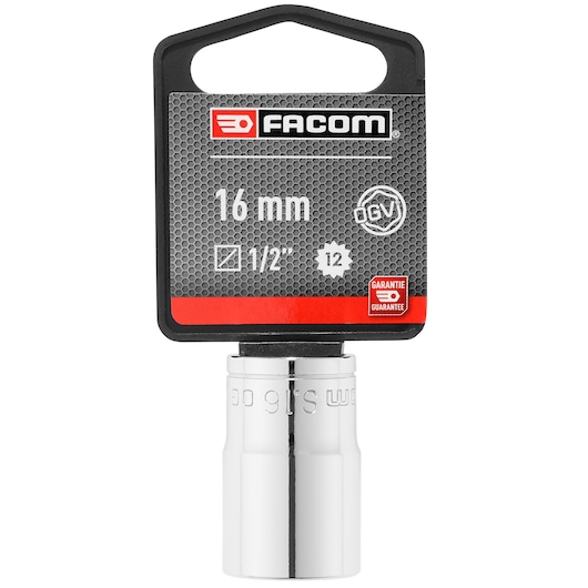 Facom 16 mm 1/2 inch 12-point socket, chrome finish, front view on white background, SOCKET__1/2_12PT_16MM.