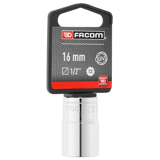 Facom 16 mm chrome socket S_16PB, front view on white background.