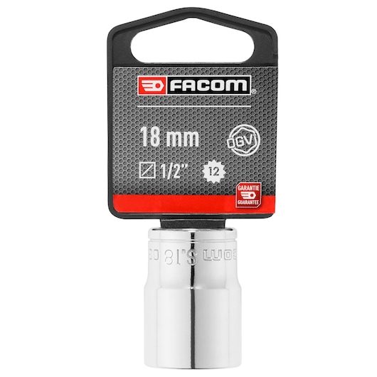 Photo of Facom 18 mm socket, SKU S_18PB, chrome finish, 1/2 inch drive, front view on white background.