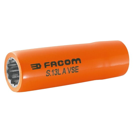 Facom socket S_19LAVSE, orange insulated tool with internal spline, side angle, white background.