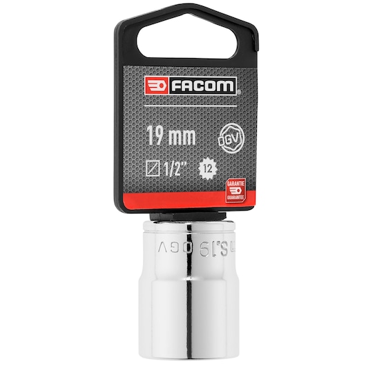 Facom 19 mm socket S_19PB, silver chrome finish, photographed on white background, front angle.