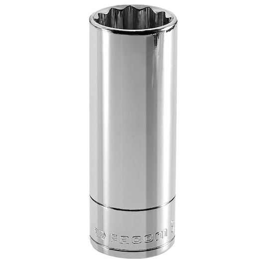 Photo of Facom S_1P1_16LA chrome deep socket, side angle, showing twelve-point opening and engraved branding.