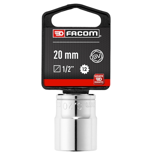 Facom 20 mm chrome socket S_20P, photography with packaging, front view on white background.