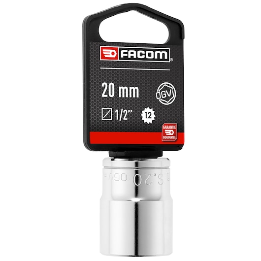 Facom S_20PB 20 mm 1/2 inch socket, silver finish, front angle on white background.
